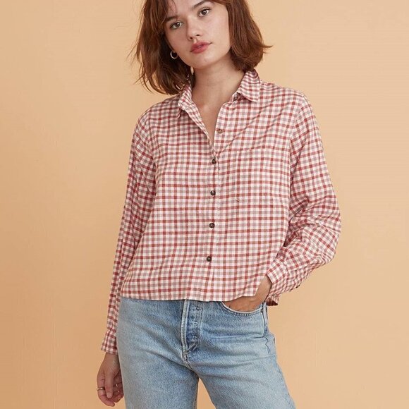 MARINE Layer Madeline Check Plaid Relaxed Crop Shirt Sz M - Picture 1 of 9